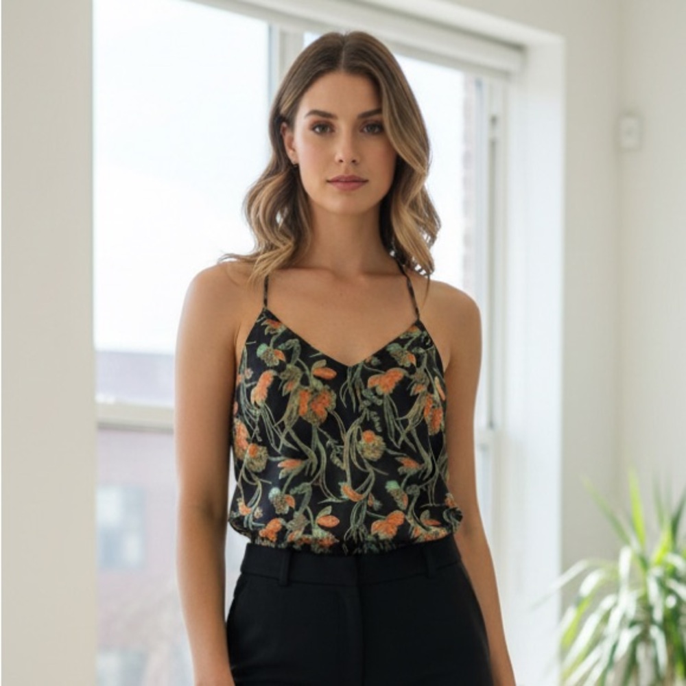 Halogen‎ Black Orange Teal Floral Poppy Strappy Camisole Top Workwear Base Layer
